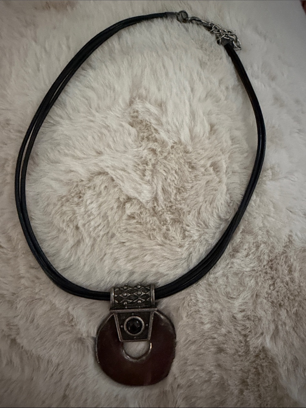 Chico's Black Cord Necklace with Brown Pendant and Silver Accents